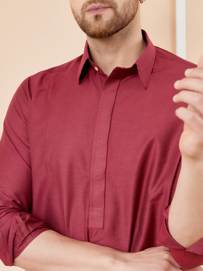 Men Maroon Cotton Solid Pathani Kurta
