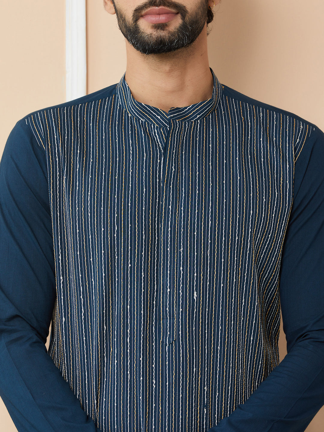 Men Dark Blue Thread & Sequin Worked Pure Cotton Straight Kurta
