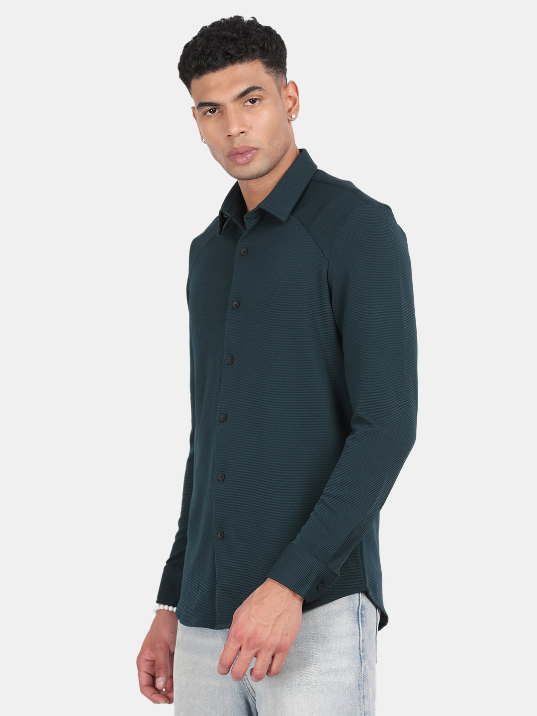 Men Dark Green Slim Fit Spread Collar Full Sleeve Casual Shirt