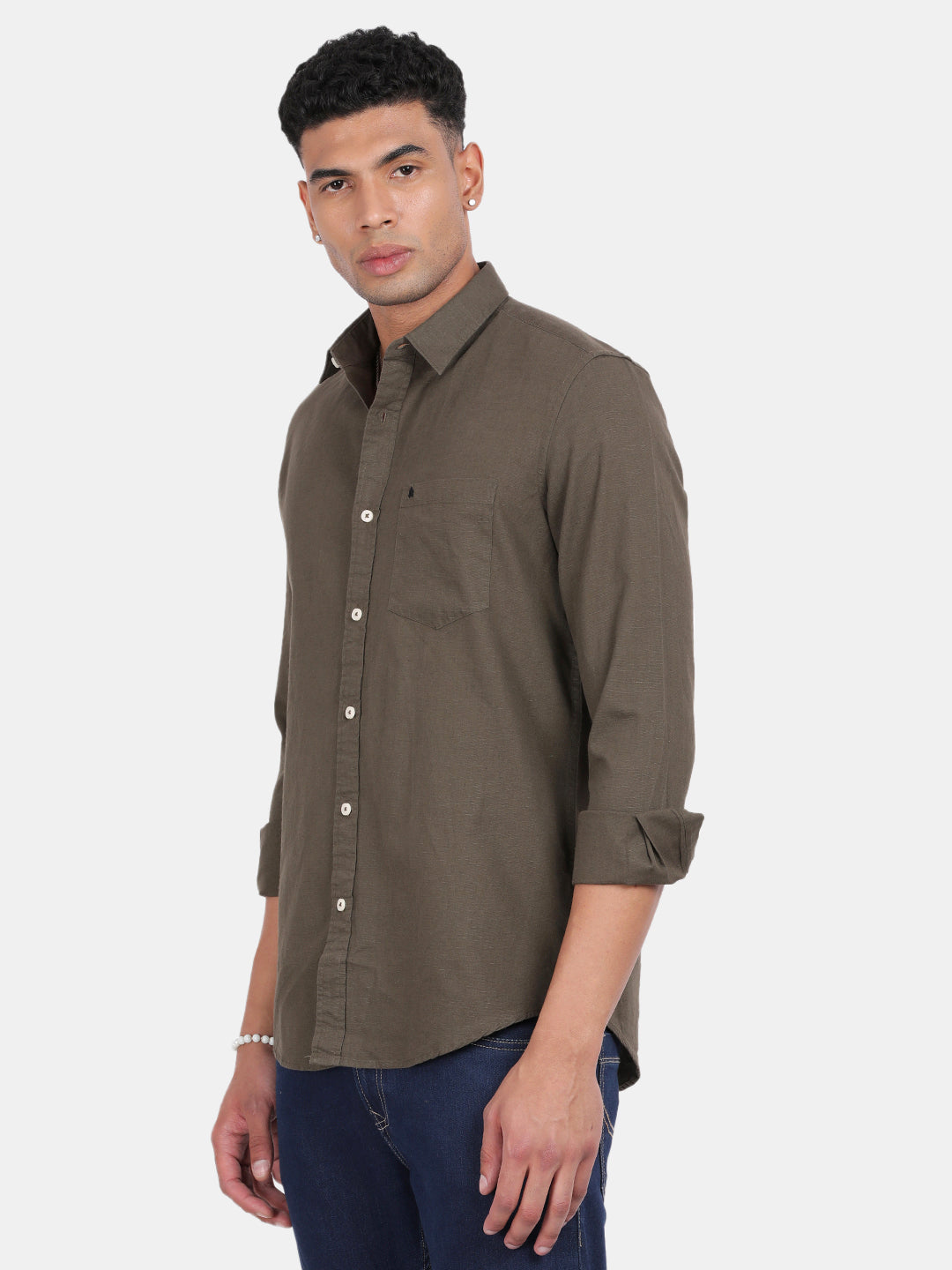 Men Green Slim Fit Spread Collar Full Sleeve Casual Shirt