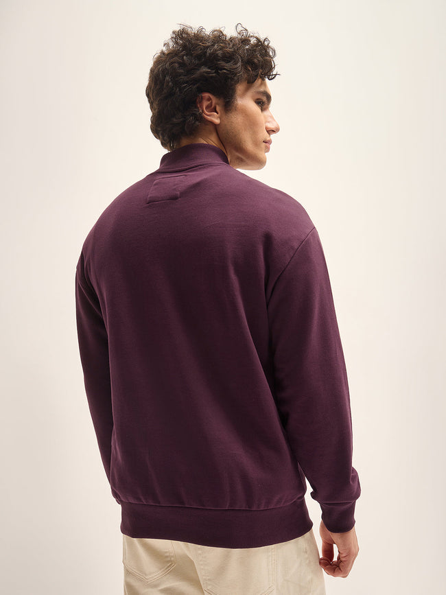 Men Plum Solid Relax Fit High Neck Sweatshirt