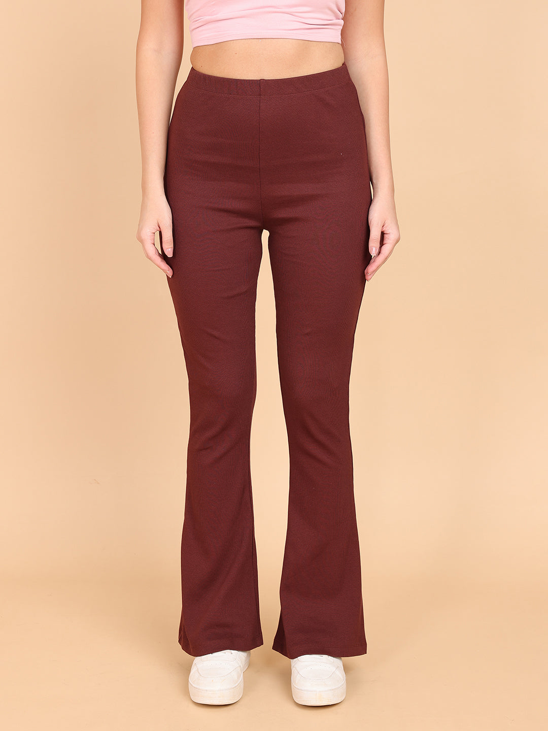 Women Brown Fit And Flare Rib Pant