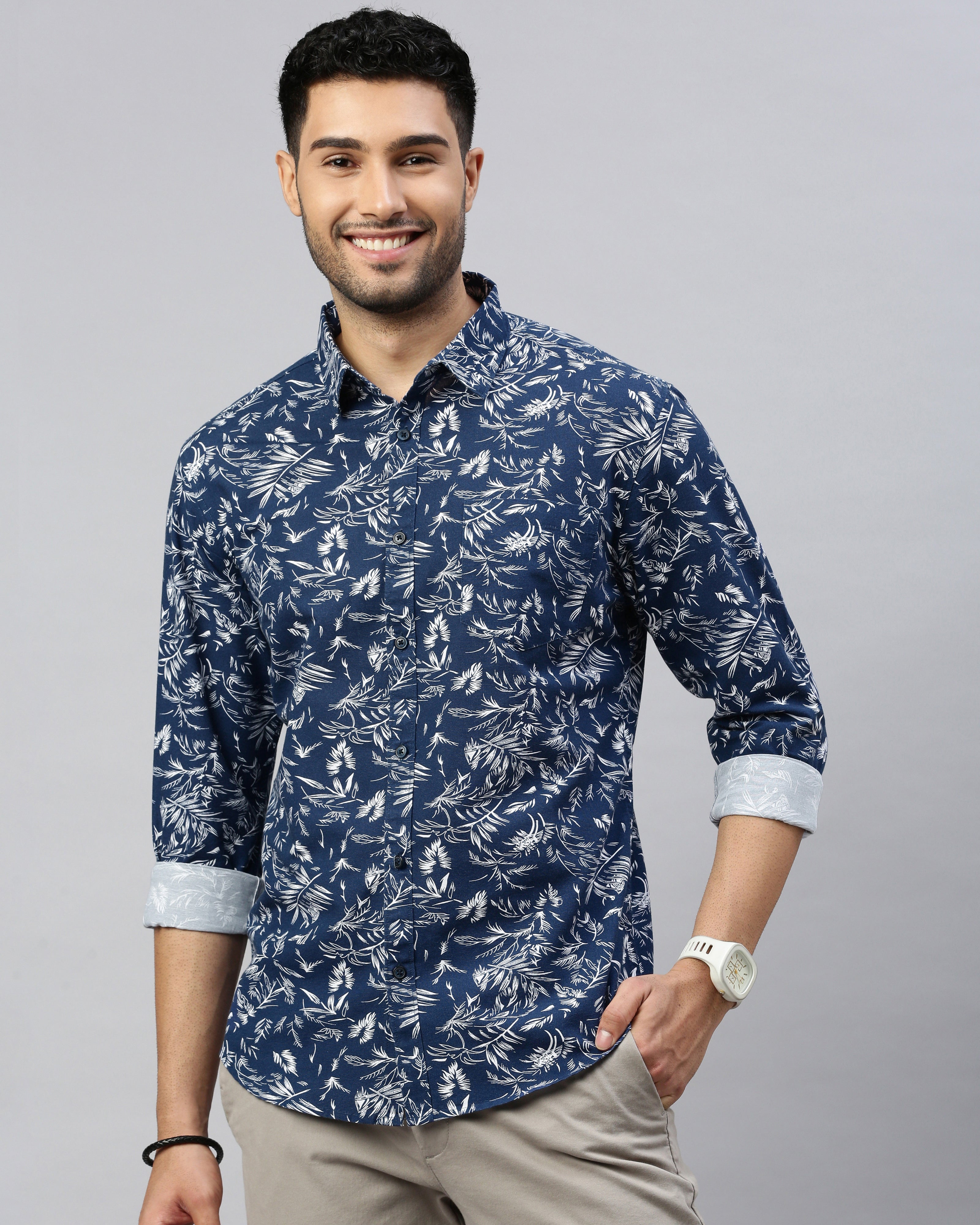 Men Navy Blue Cotton Slim Shirt