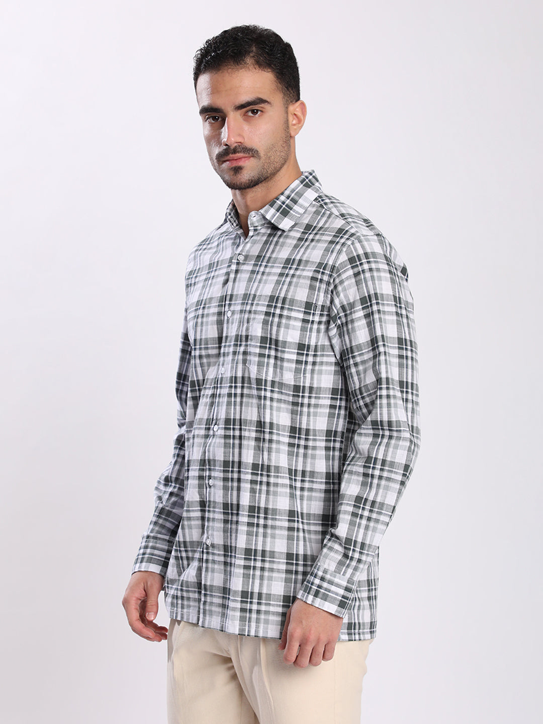 Men Green and White Checked Single Pocket Shirt