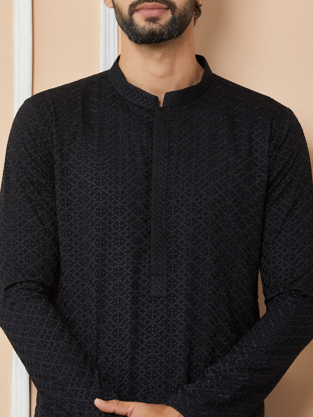 Men Black Embroidered Chikankari Rayon Straight Kurta