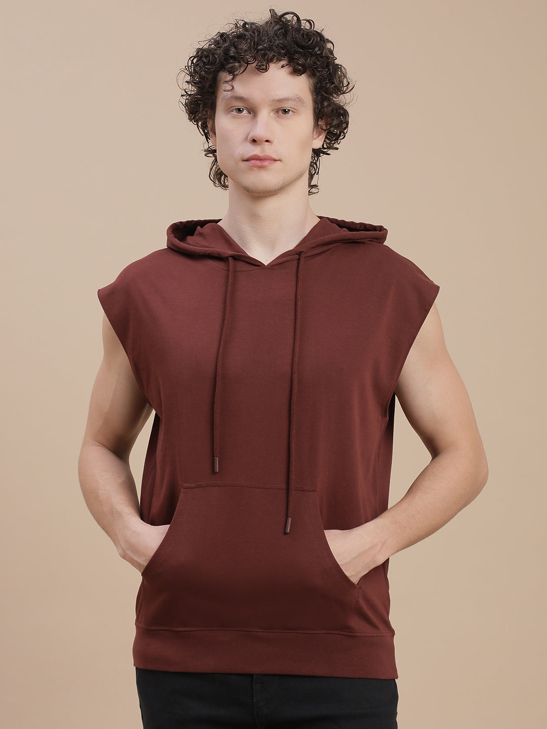 Men Brown Sleeveless Hoodie