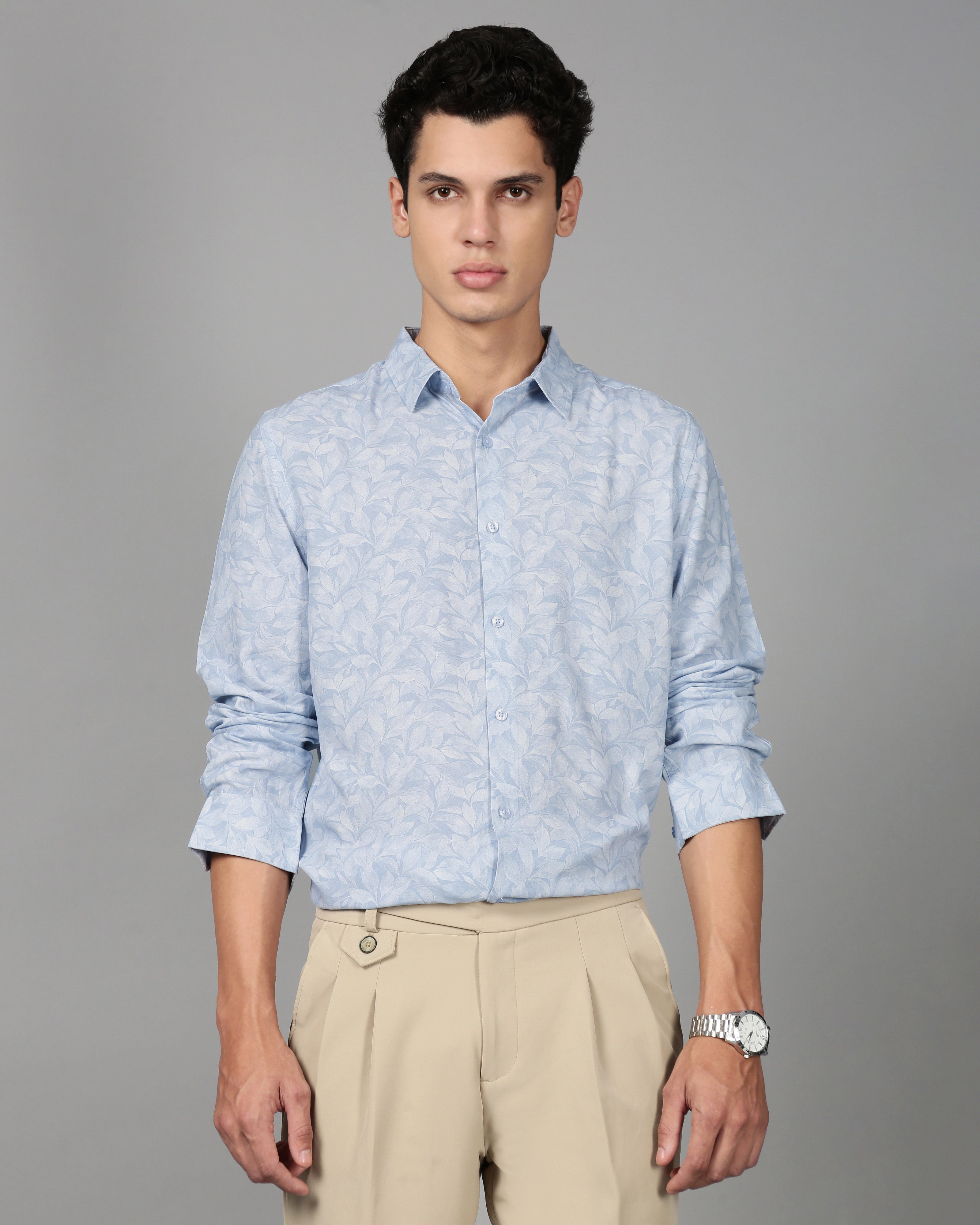 Men Blue Leaf Print Shirt