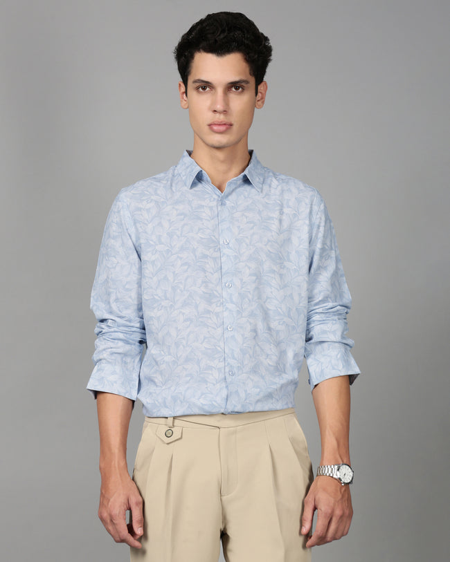 Men Blue Leaf Print Shirt