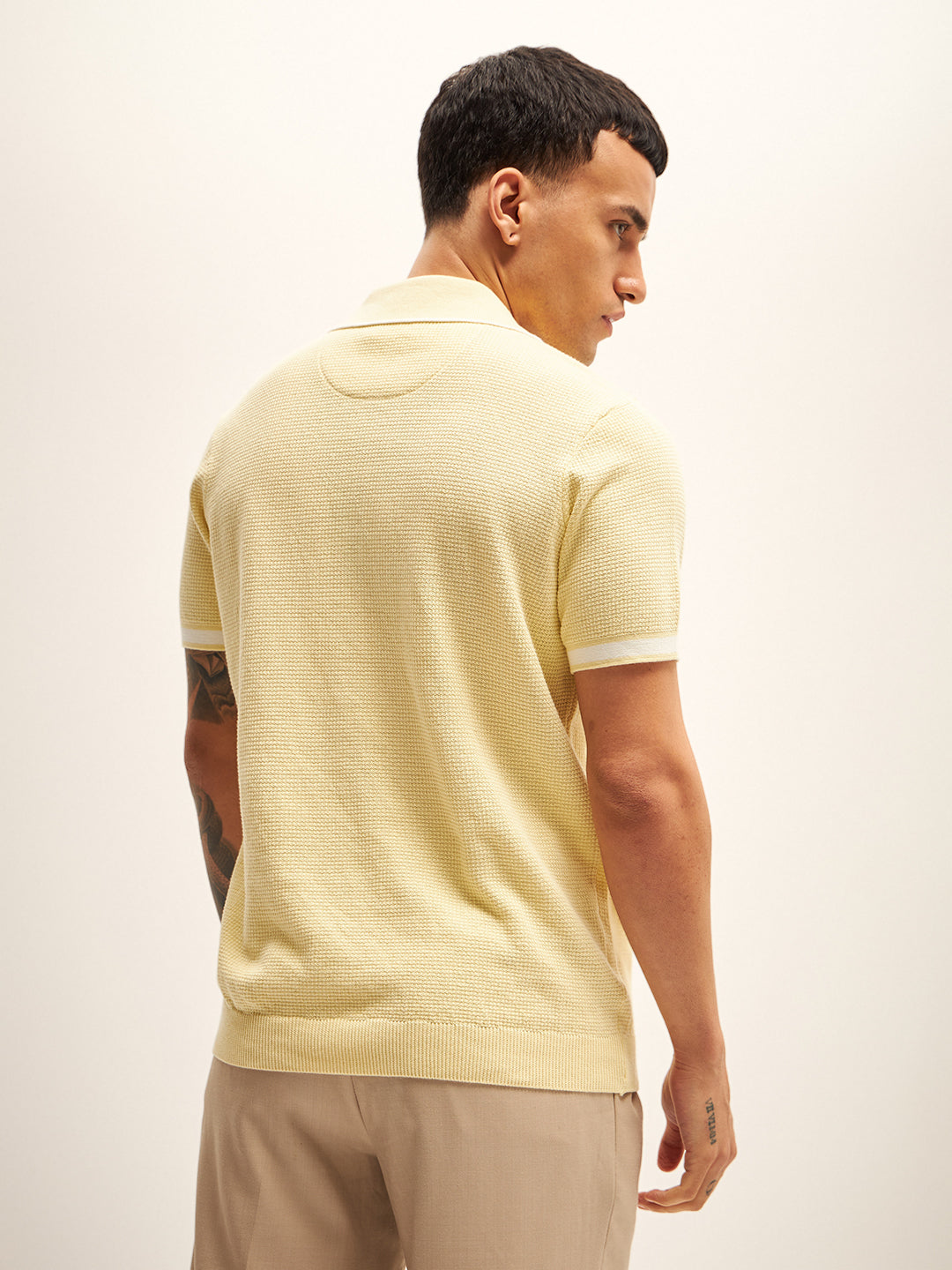 Men Yellow Self Design Regular Fit Polo T-Shirt