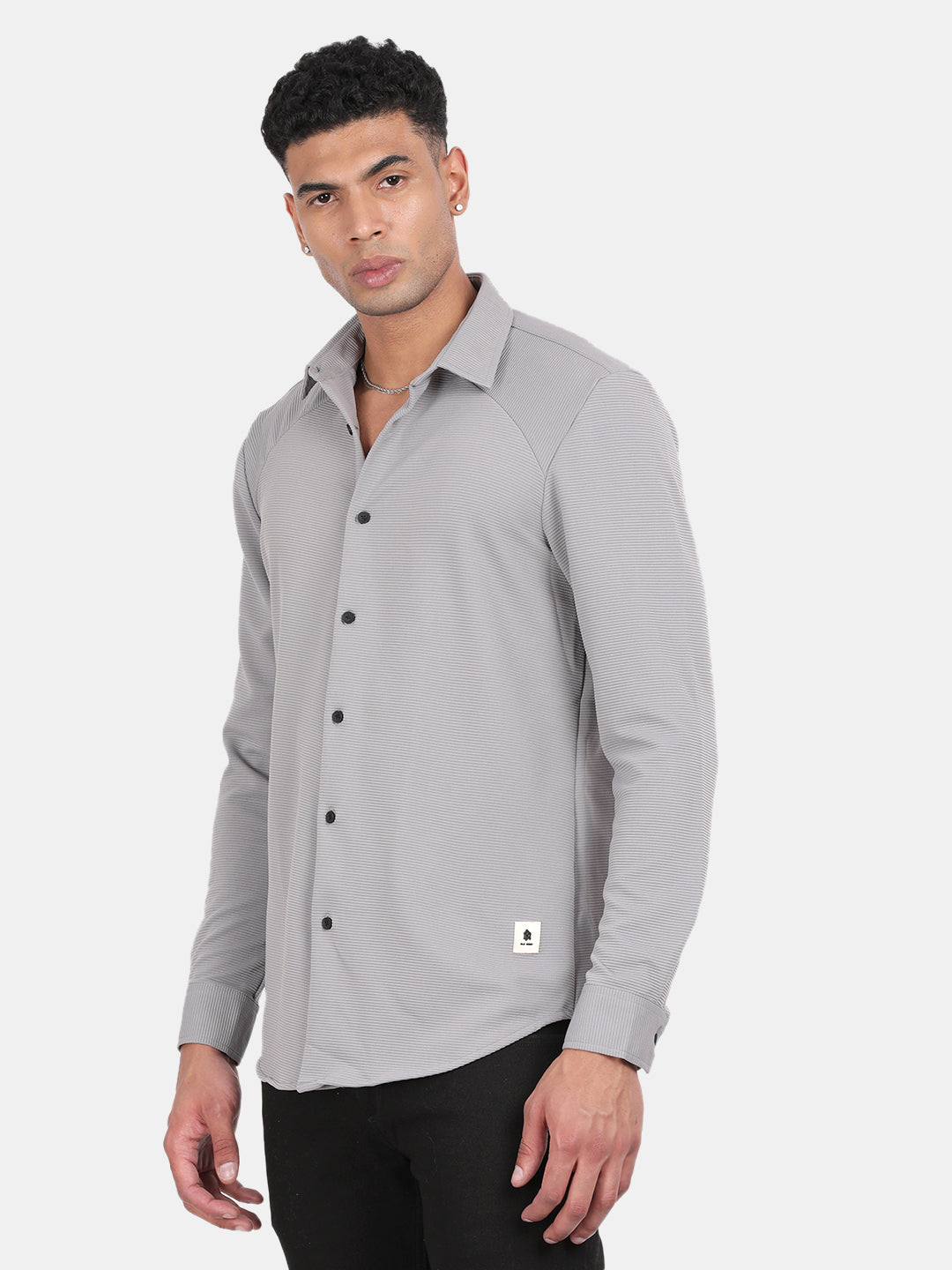 Men Silver Slim Fit Spread Collar Full Sleeve Casual Shirt