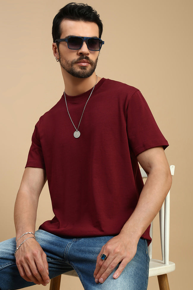 Men Burgundy Basic Crew Neck T-Shirt