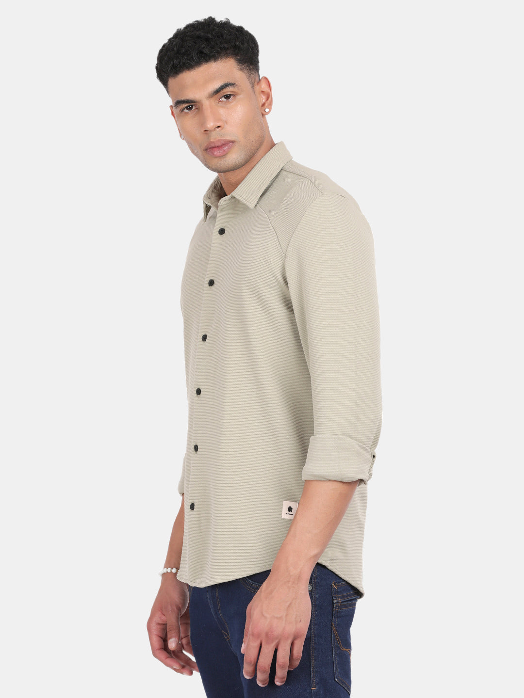 Men Light Cream Slim Fit Spread Collar Full Sleeve Casual Shirt