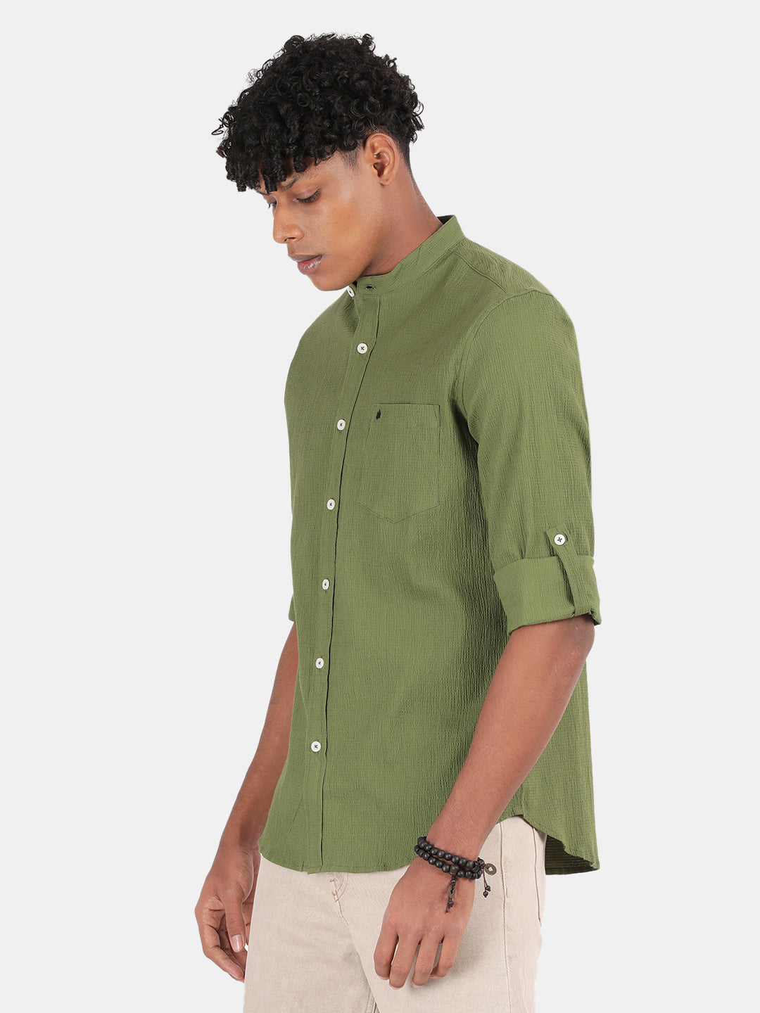 Men Green Slim Fit Mandarin Collar Full Sleeve Casual Shirt