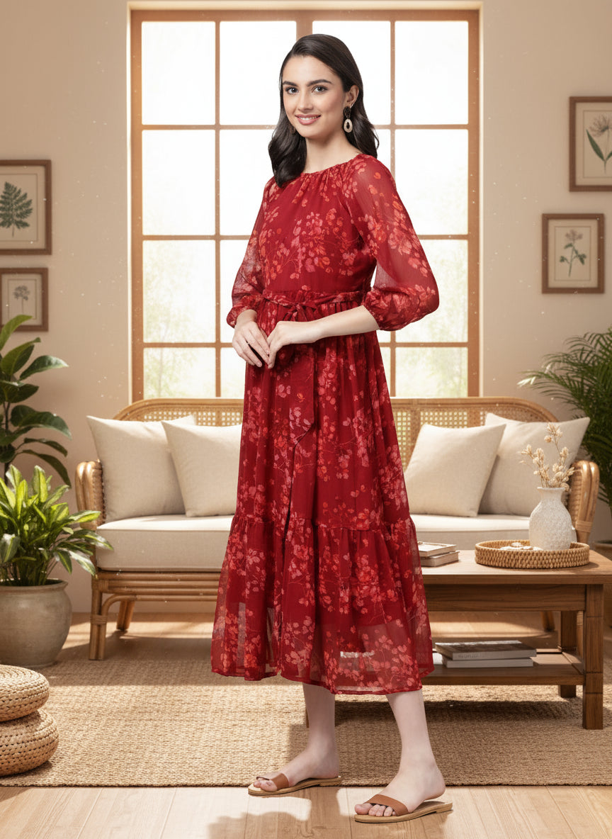 Women Bloom Maroon Chiffon Dress
