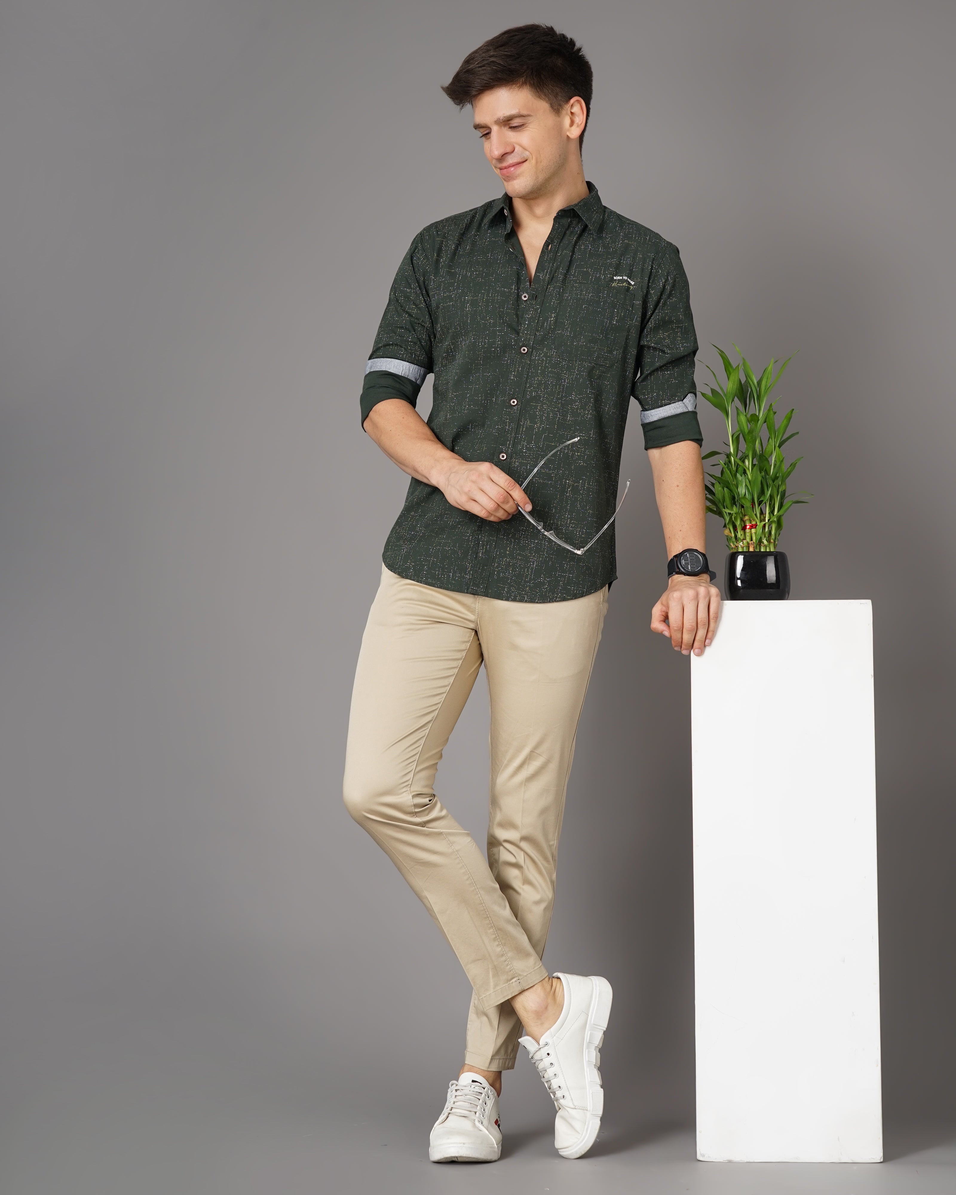 Men Olive Cotton Slim Shirt