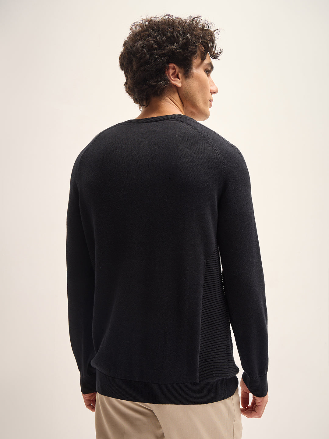 Men Black Self Design Regular Fit Crew Neck T-Shirt