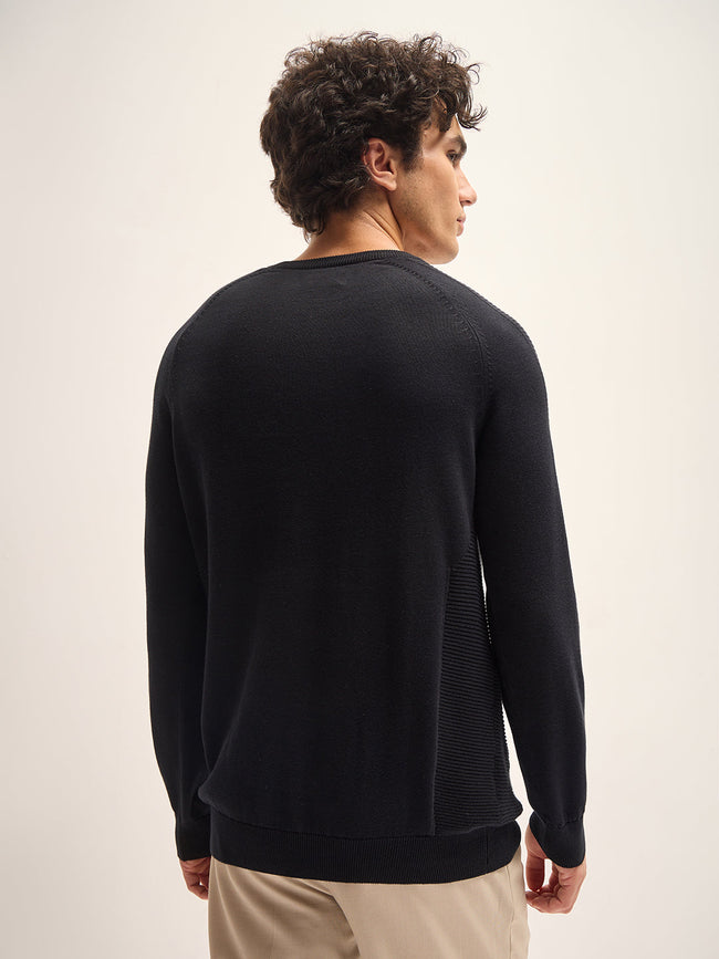 Men Black Self Design Regular Fit Crew Neck T-Shirt