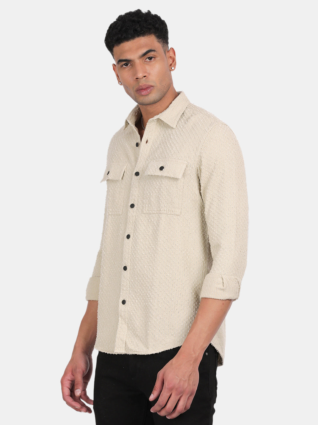 Men Cream Slim Fit Spread Collar Full Sleeve Casual Shirt