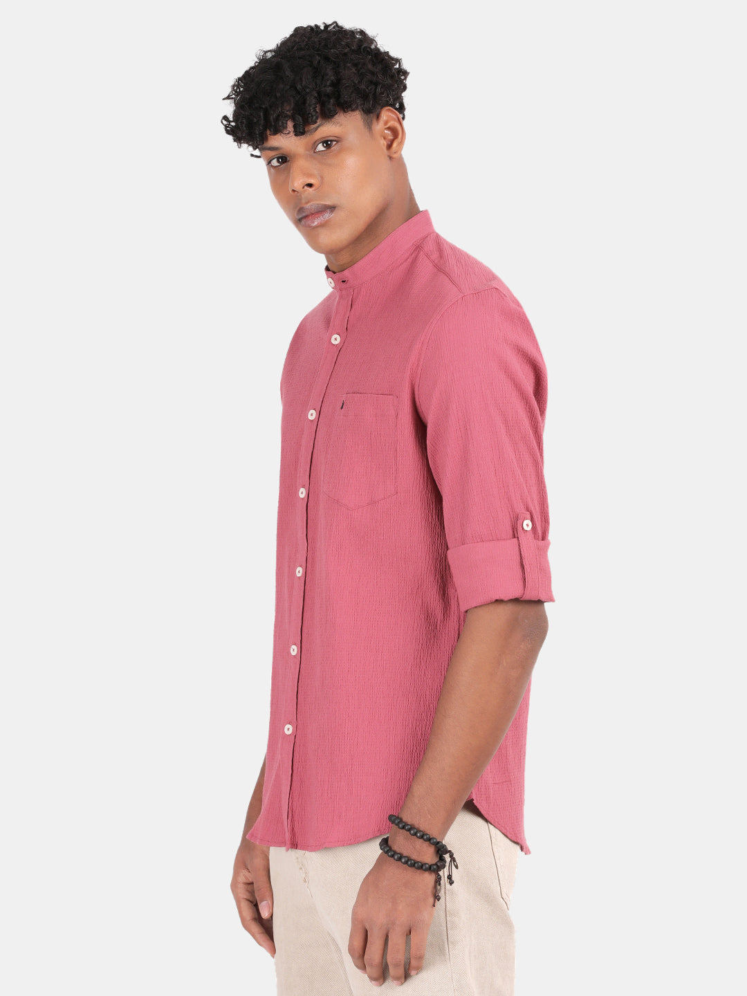 Men Pink Slim Fit Mandarin Collar Full Sleeve Casual Shirt