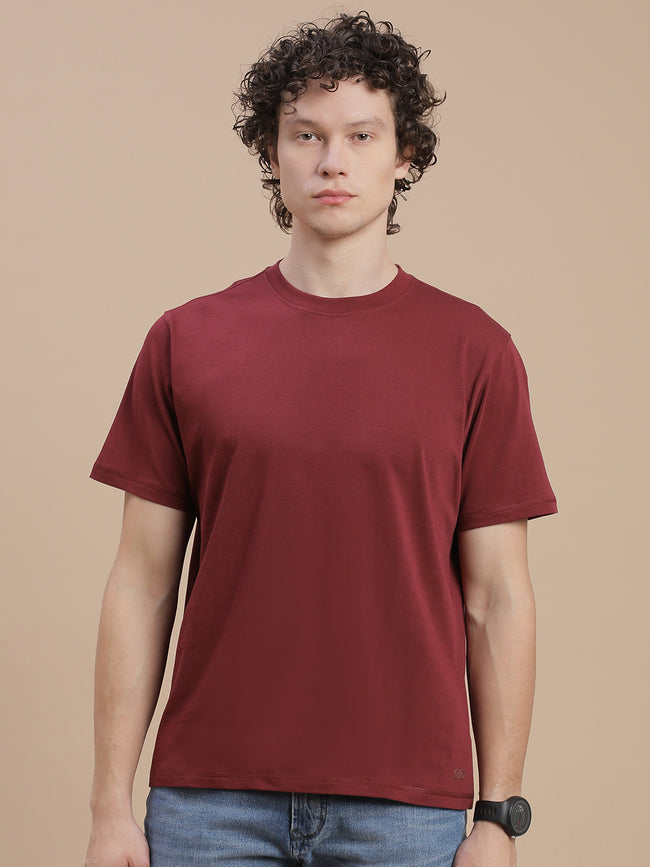 Men Burgundy Crew Neck T-Shirt