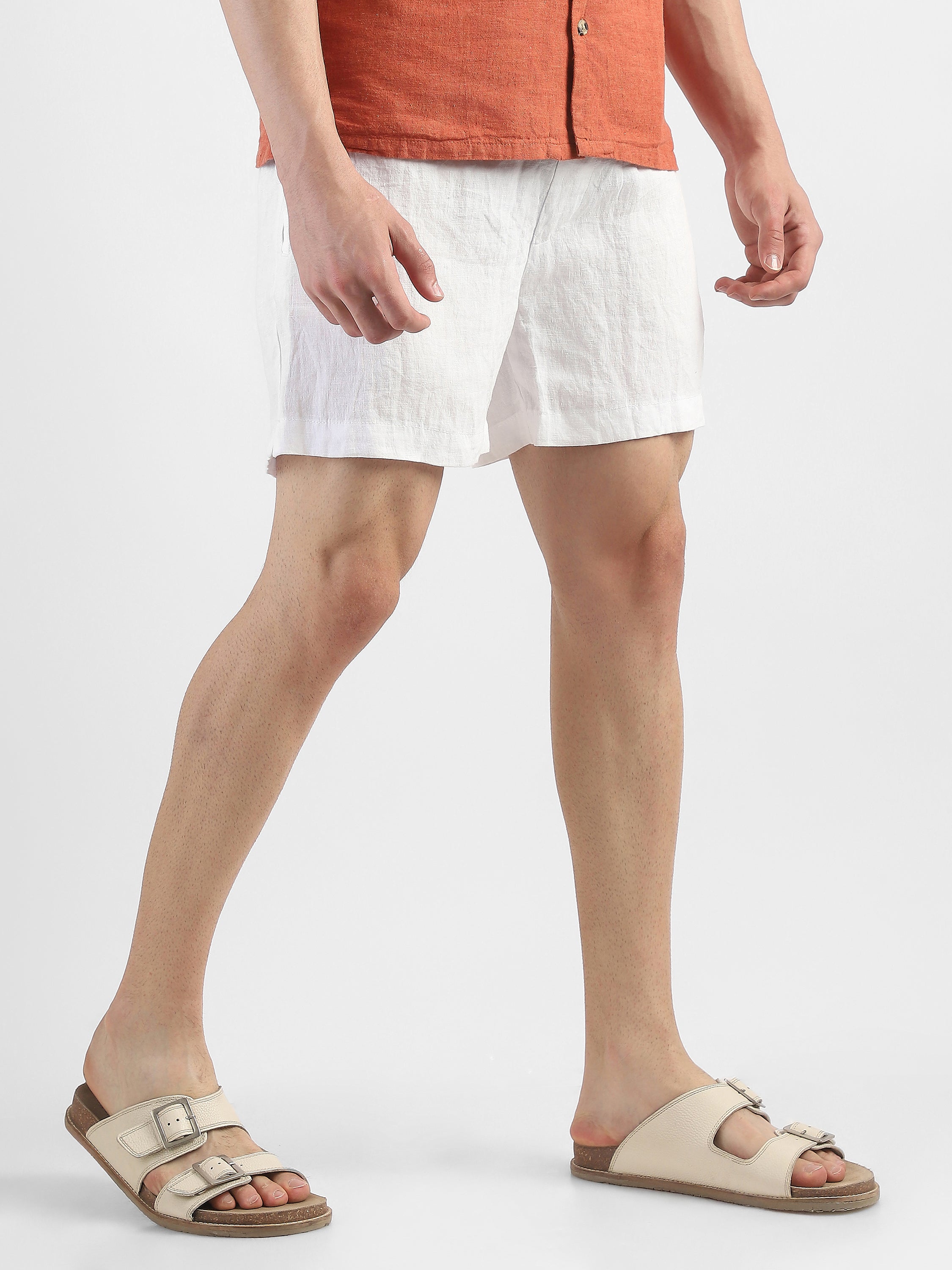 Men White Linen Blend Shorts