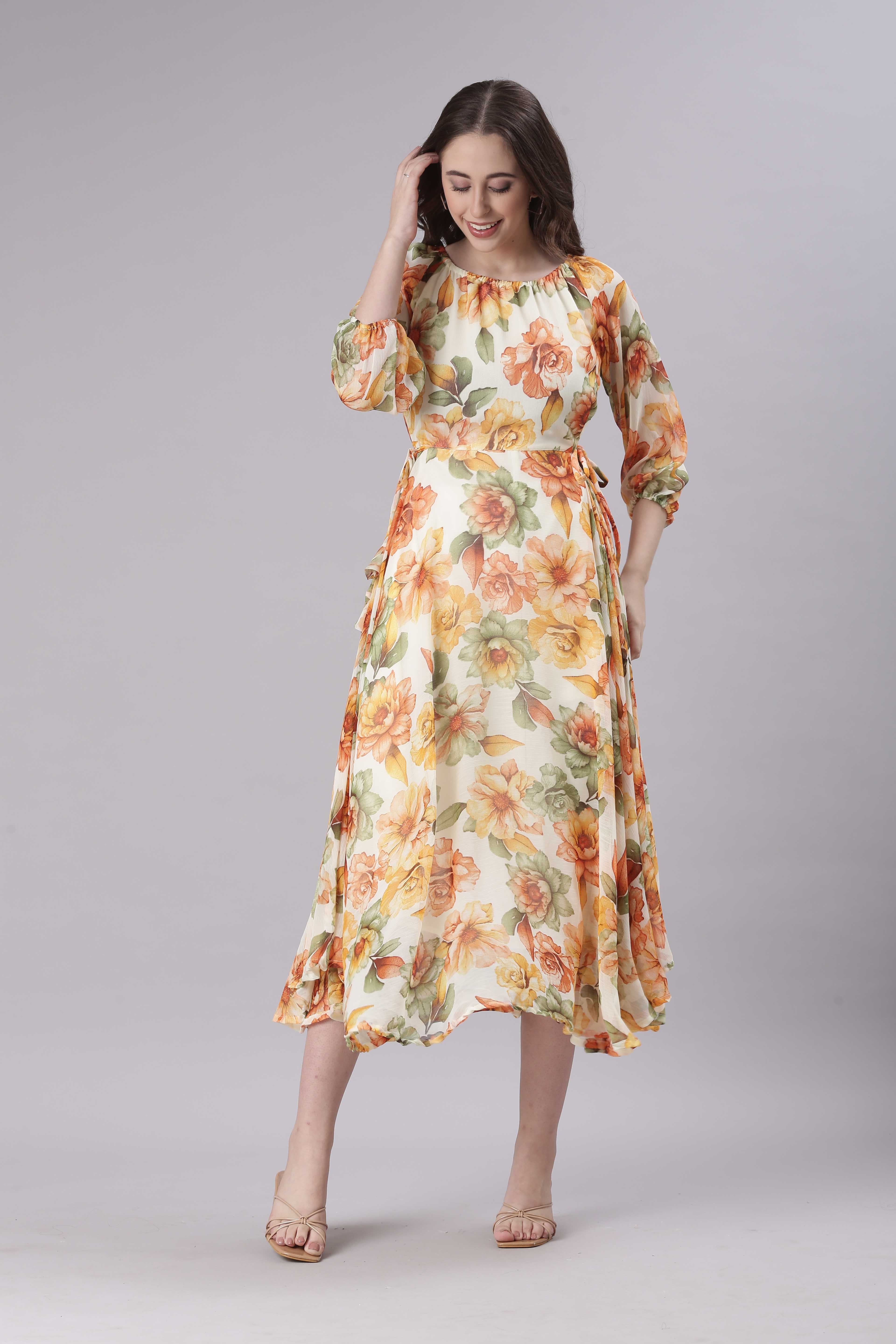 Women Cream Floral Chiffon Dress