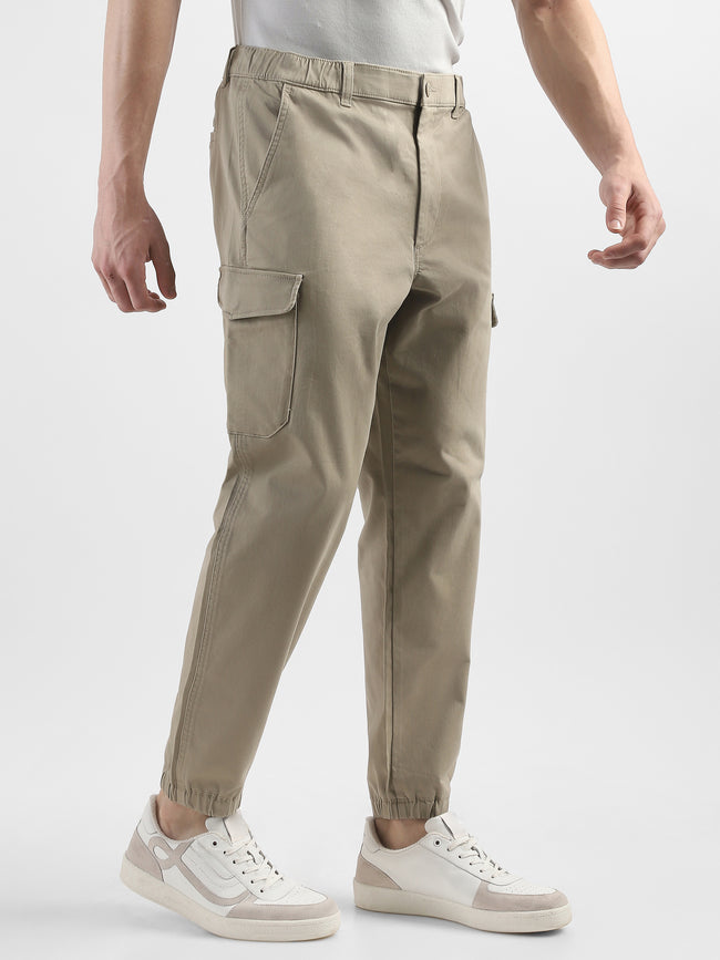 Men Cotton Blend Beige Cargo Pants with 6 Pockets
