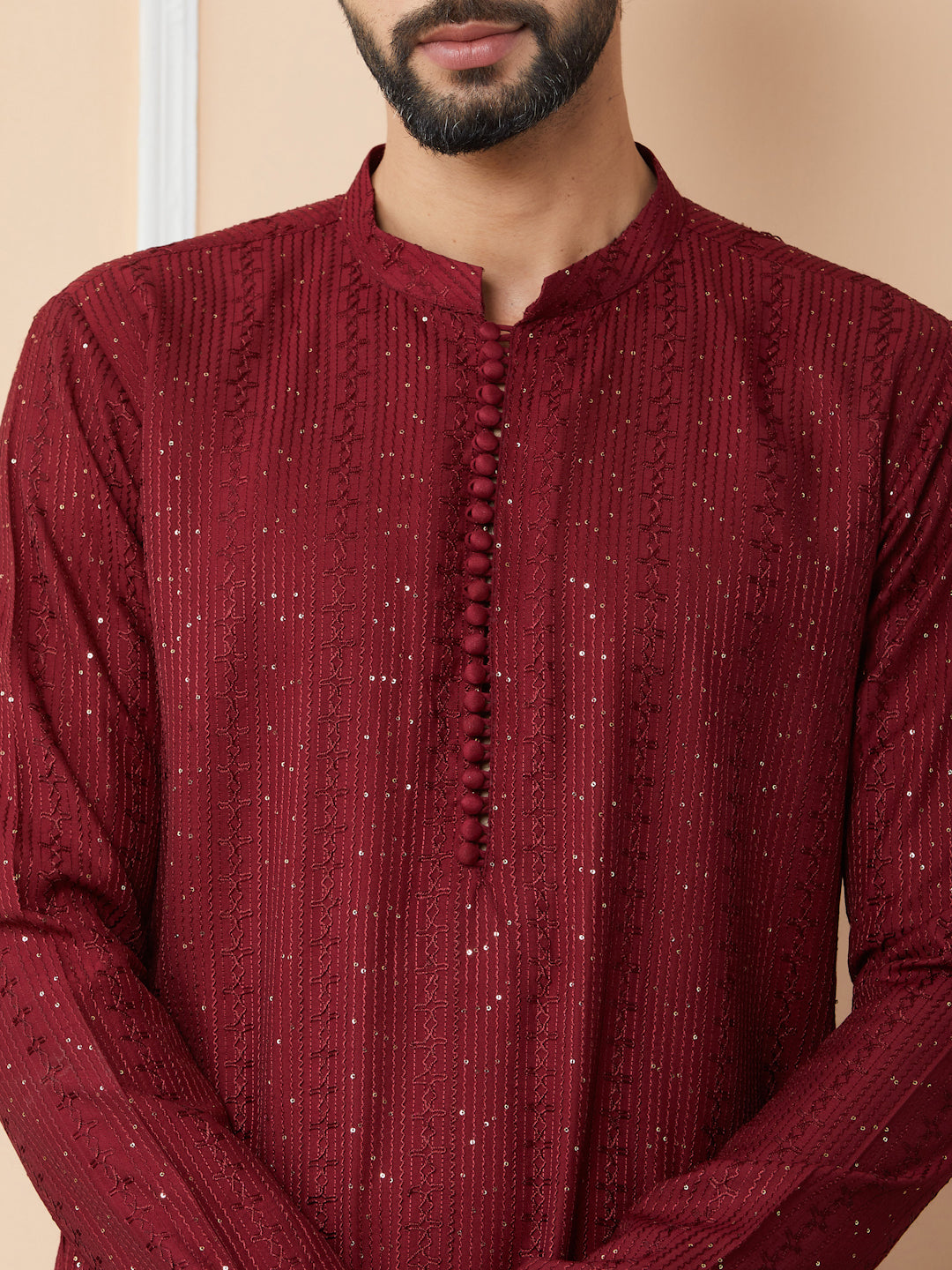 Men Dark Maroon Embroidered Thread Work Sequinned Chanderi Silk Straight Kurta
