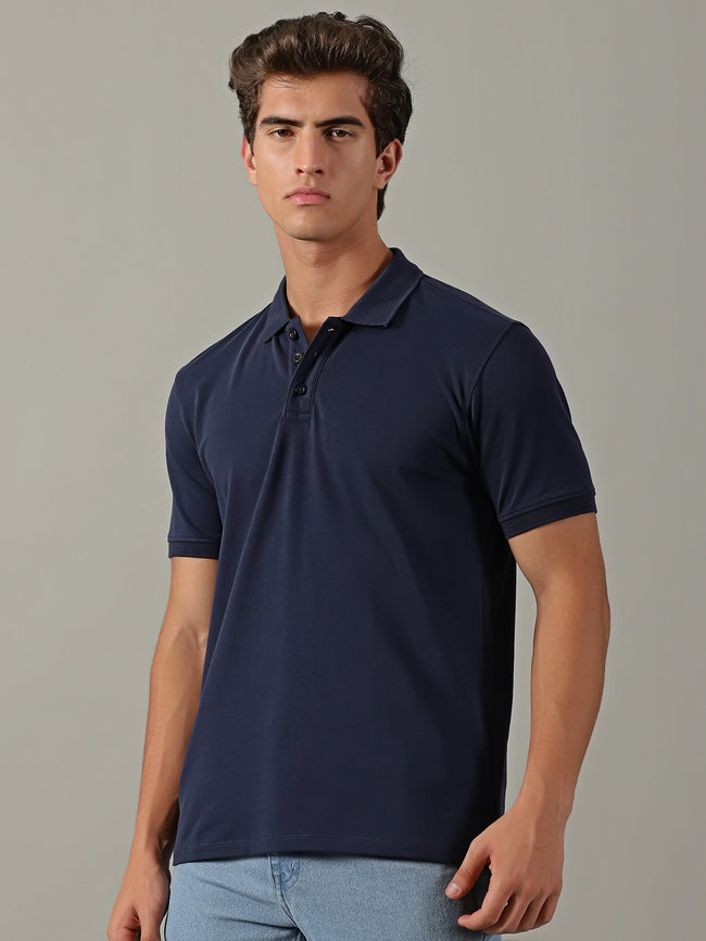 Men Navy Johnny Collar T-Shirt