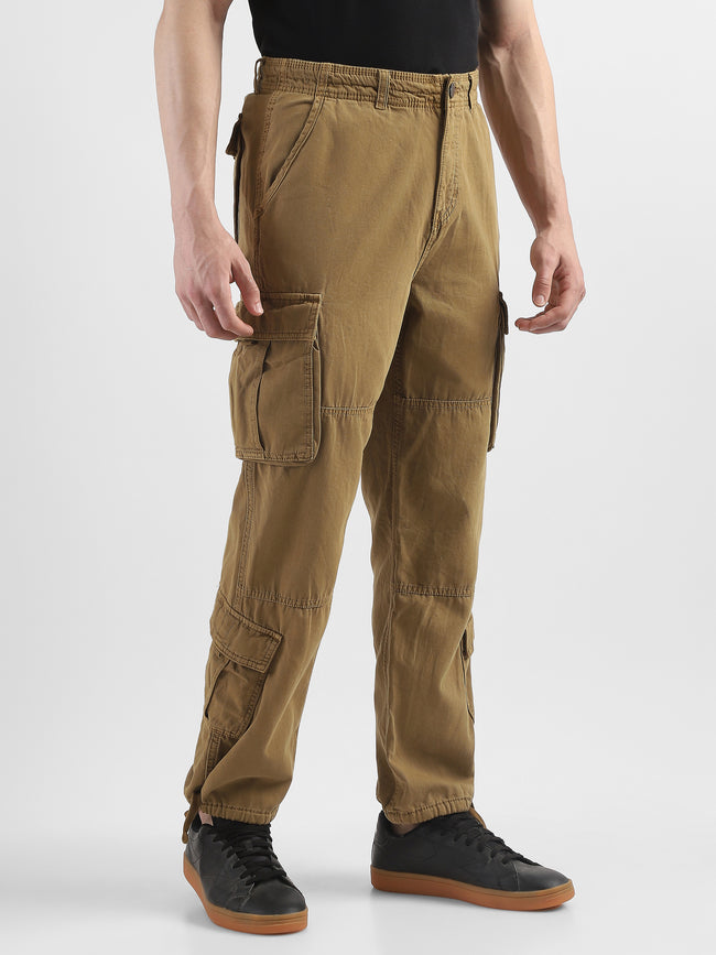 Men Khaki Cotton Blend Cargo Pants with 8 Pockets