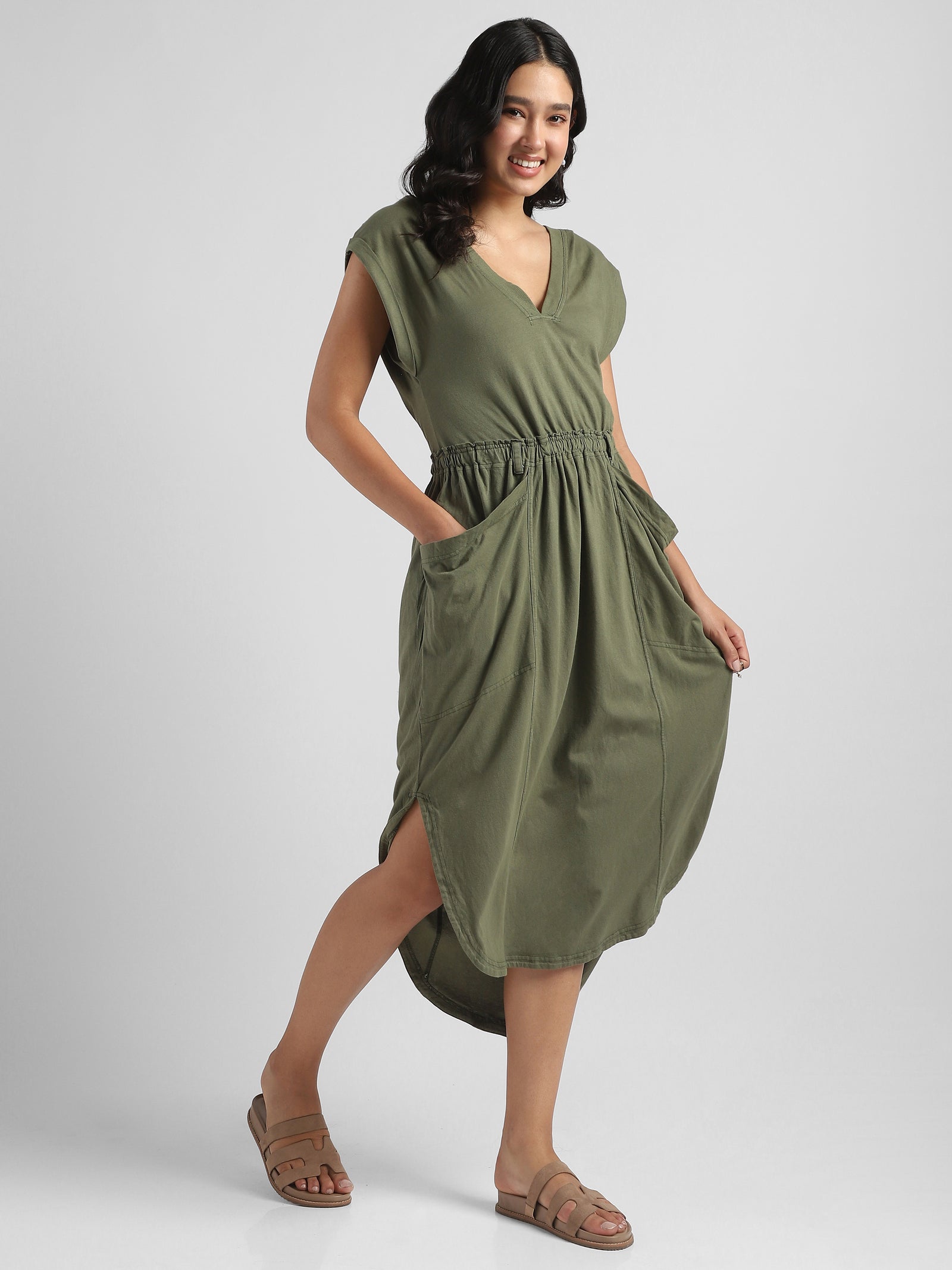 Women Olive Maxi Dress with Side Slit