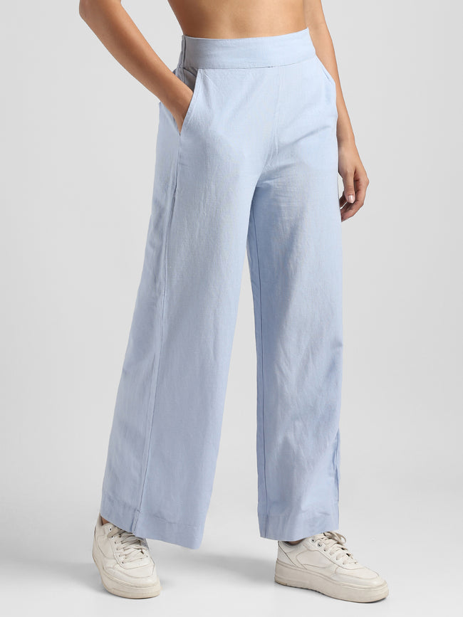 Women Blue Linen Blend Straight Pants