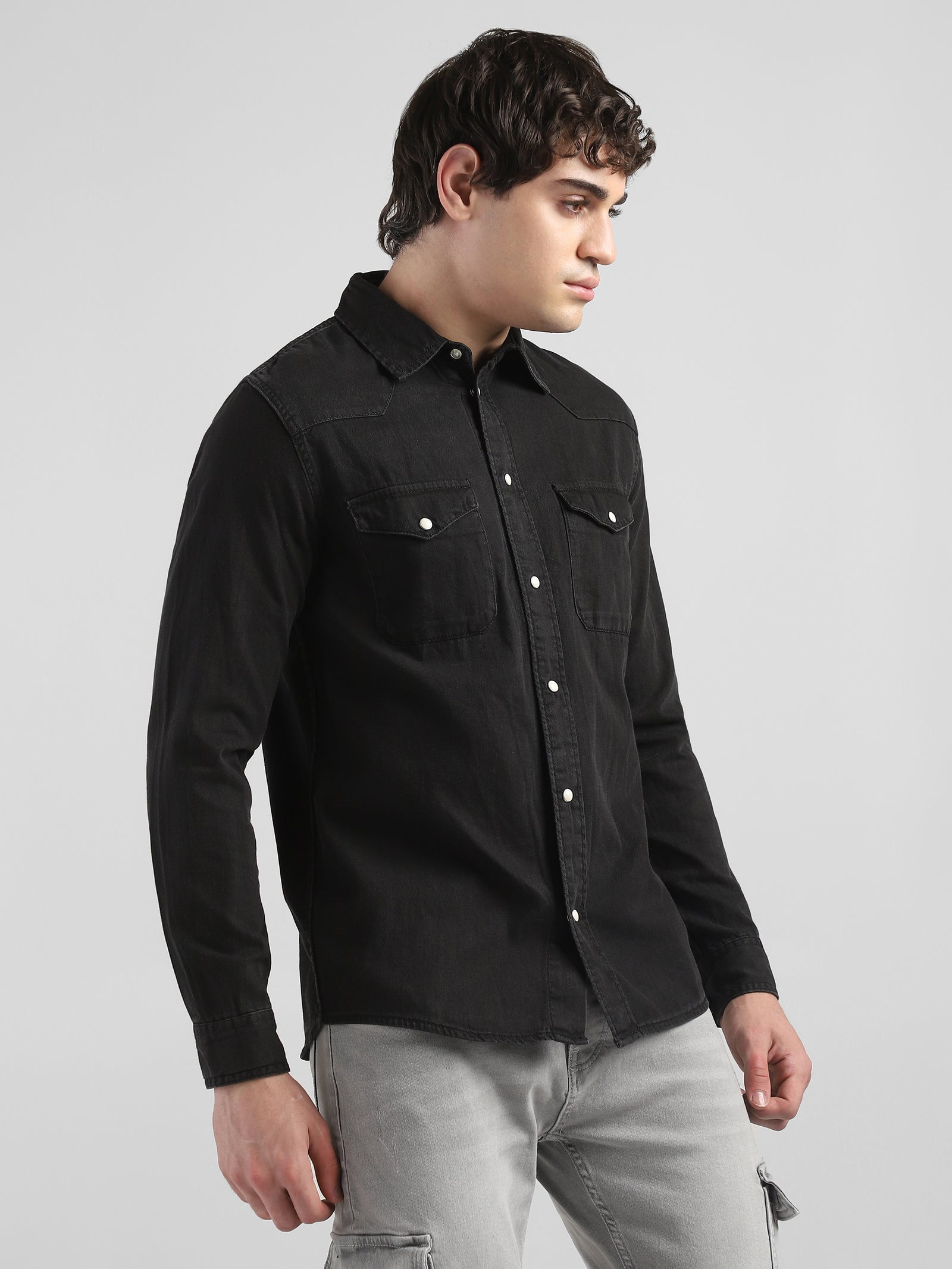 Men Denim Black Regular Fit Shirt with Two Pockets