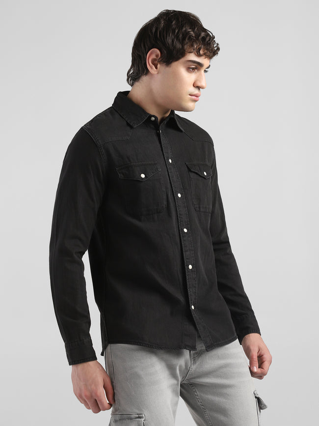 Men Denim Black Regular Fit Shirt with Two Pockets