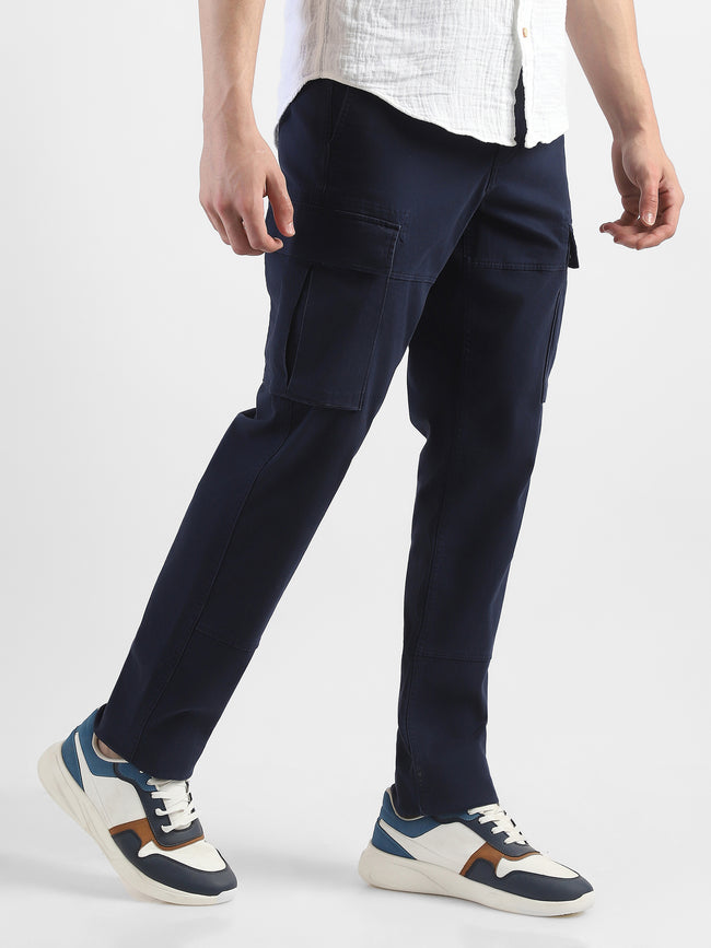 Men Navy Cotton Mid Rise Cargo Pants