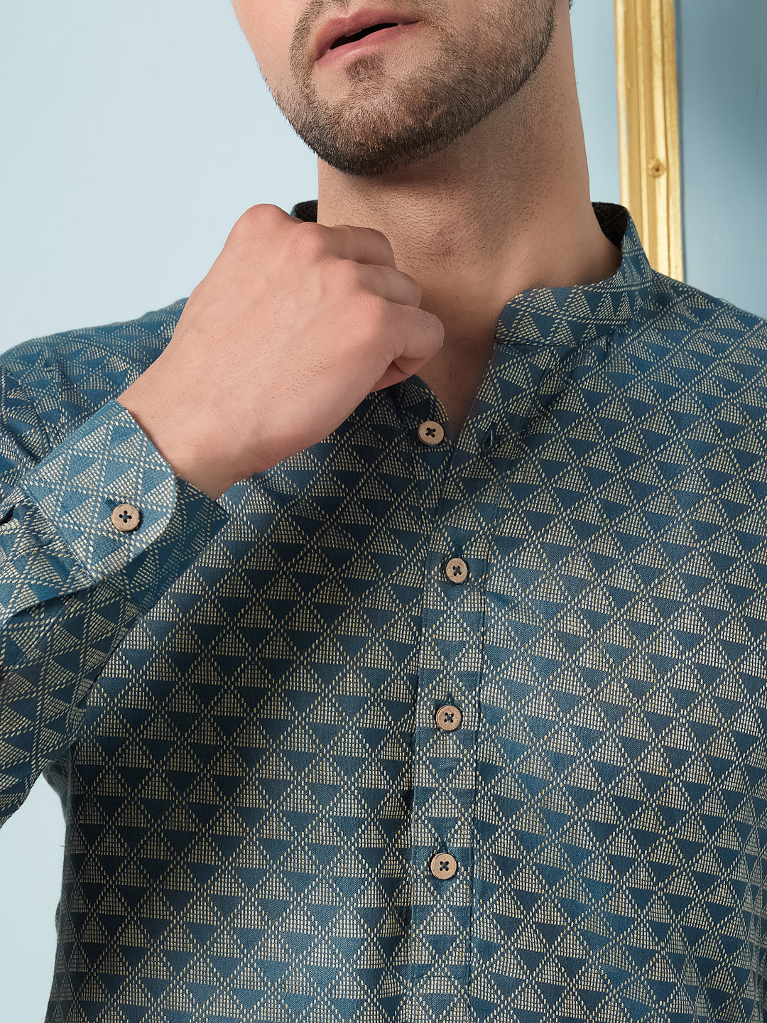 Men Green Woven Design Thread Work Kurta
