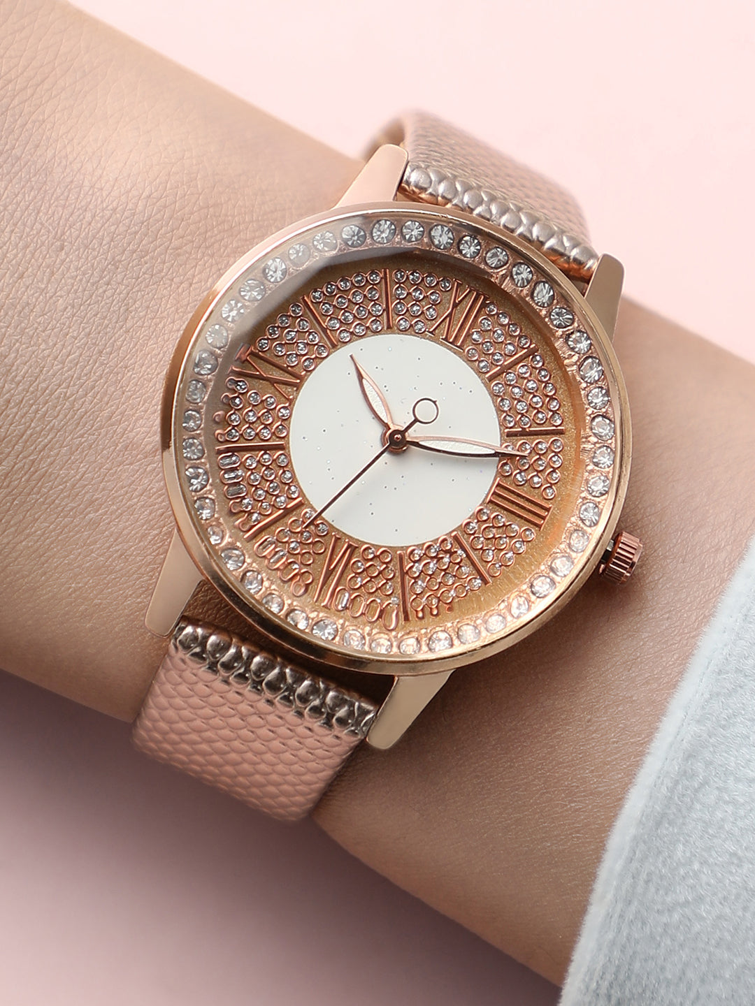 Crystal Stone Analog Round Dial With Gold Textured Leather Strap