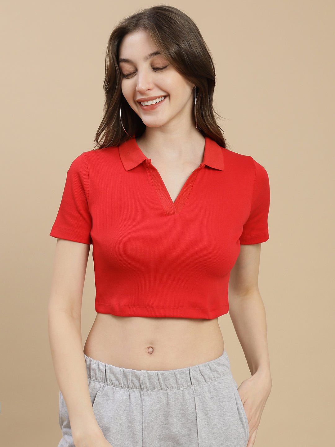 Women Red Polo Neck Crop Top