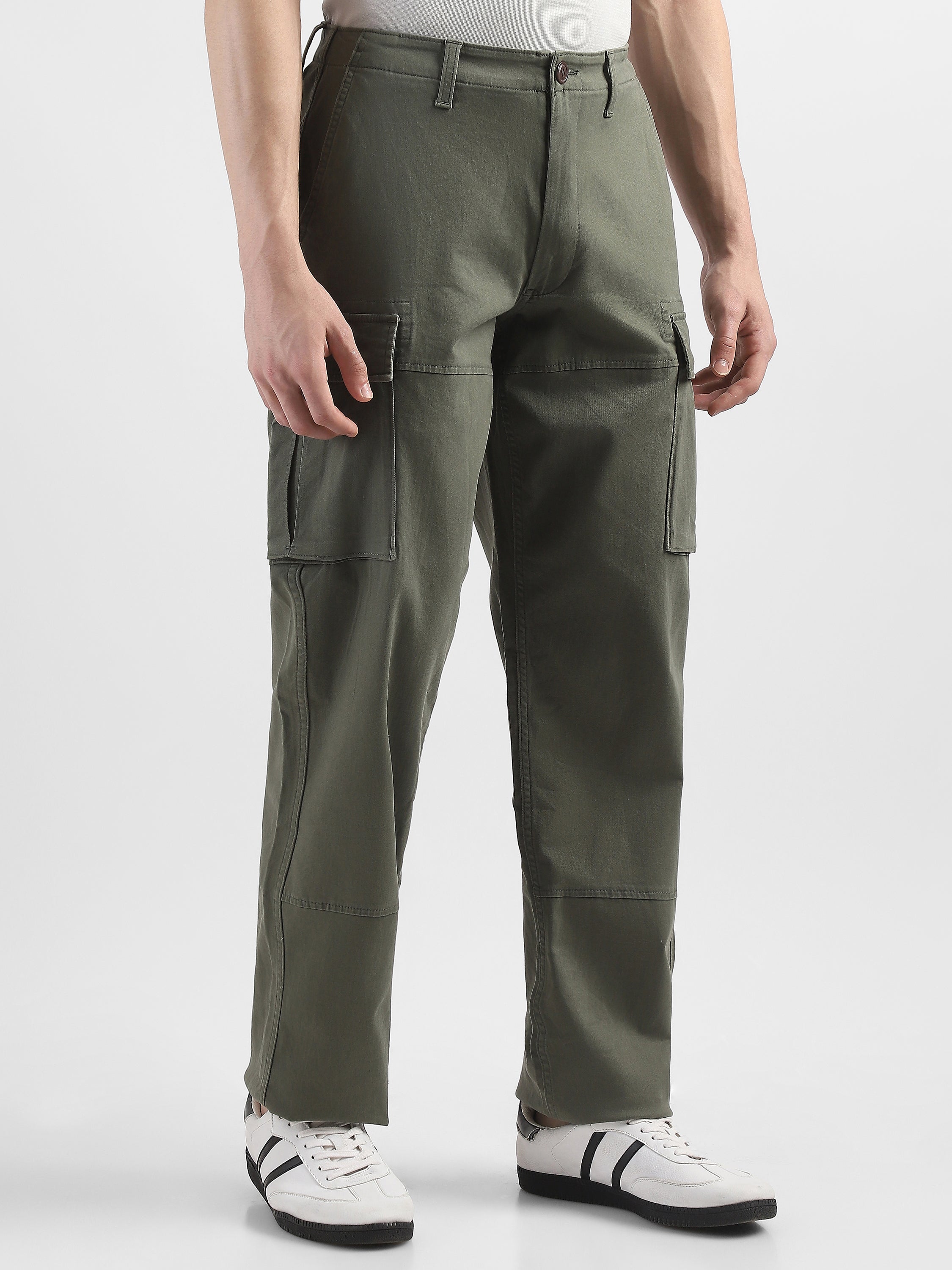 Men Olive Cotton Mid Rise Cargo Pants