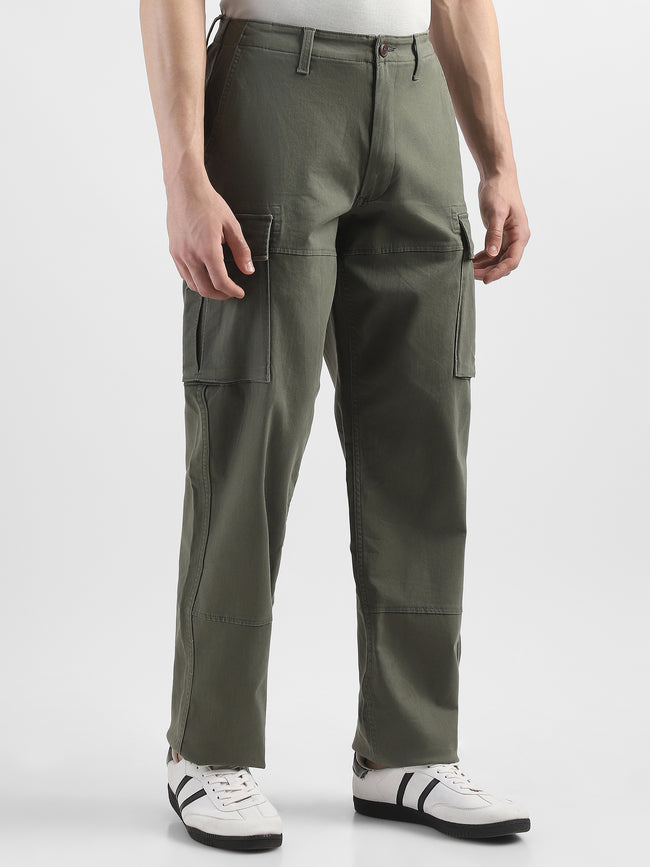 Men Olive Cotton Mid Rise Cargo Pants