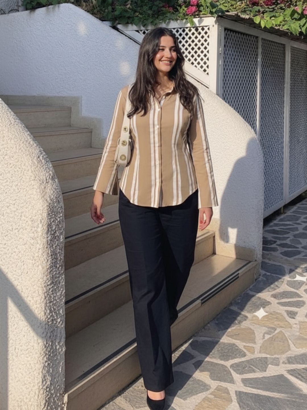 Women Beige & White Striped Shirt