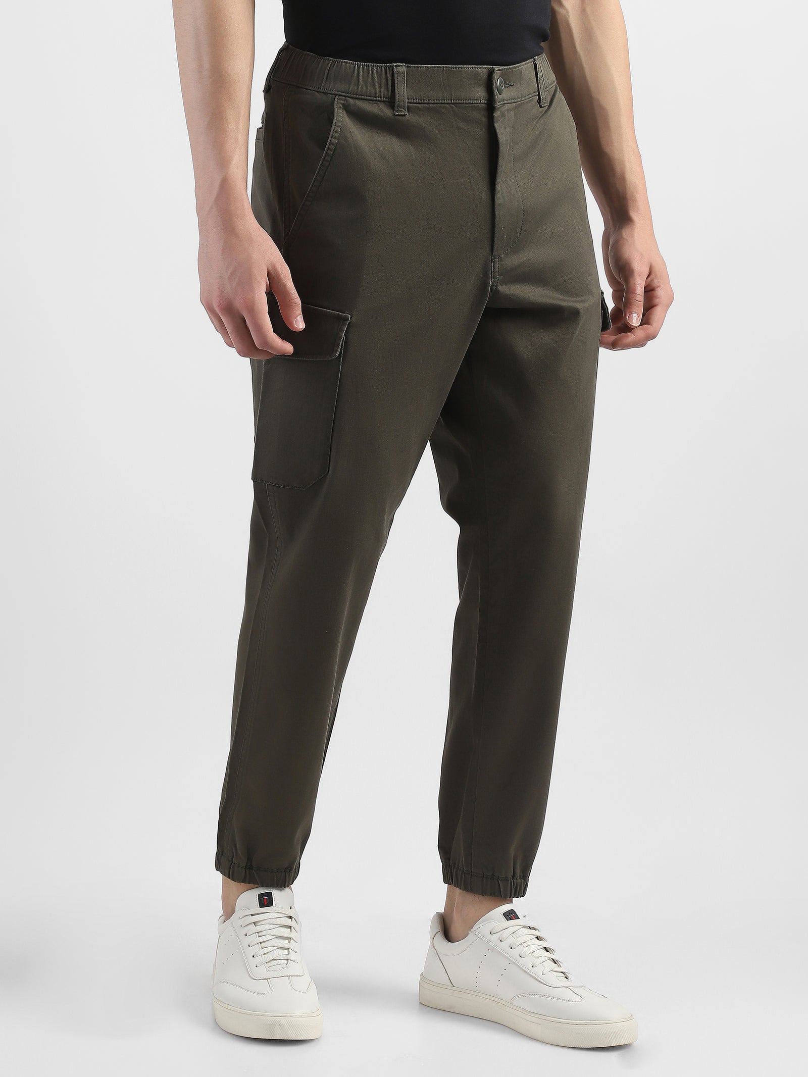 Men Cotton Blend Olive Cargo Pants with 6 Pockets