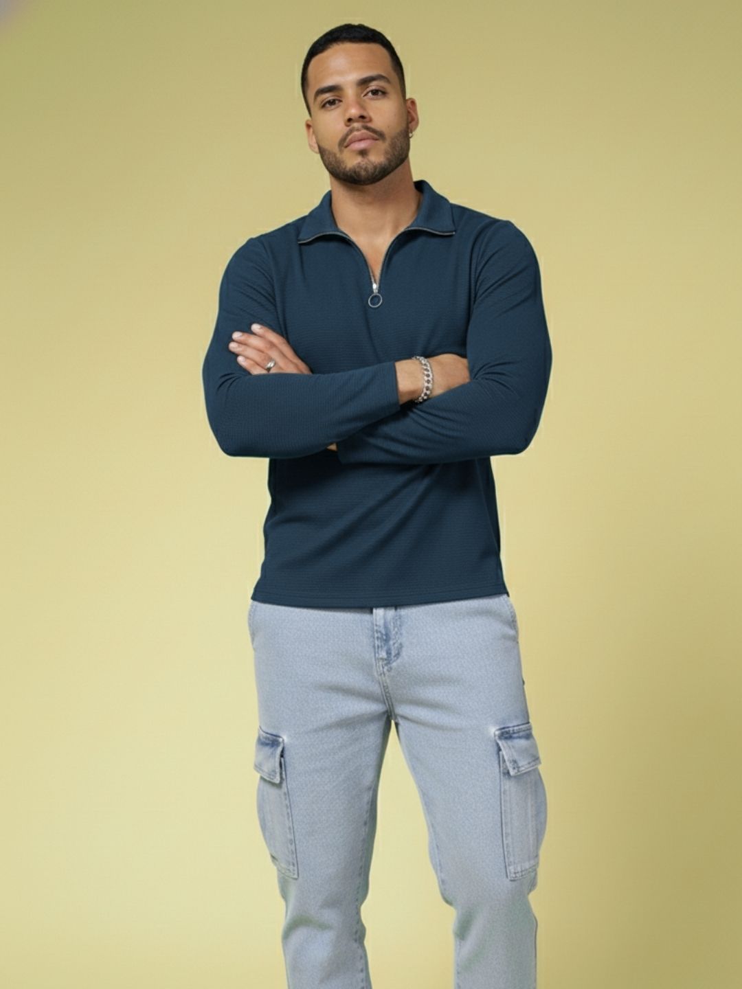 Men Teal High Neck Polyester T-Shirt