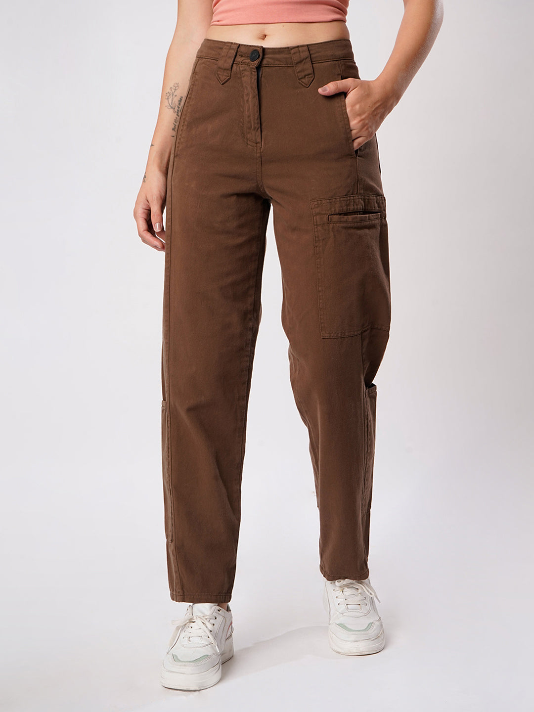 Women Brown Cargo Trouser with Waistband detailing