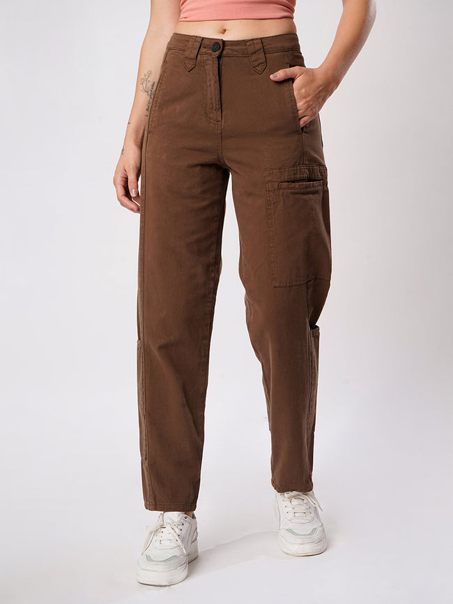 Women Brown Cargo Trouser with Waistband detailing