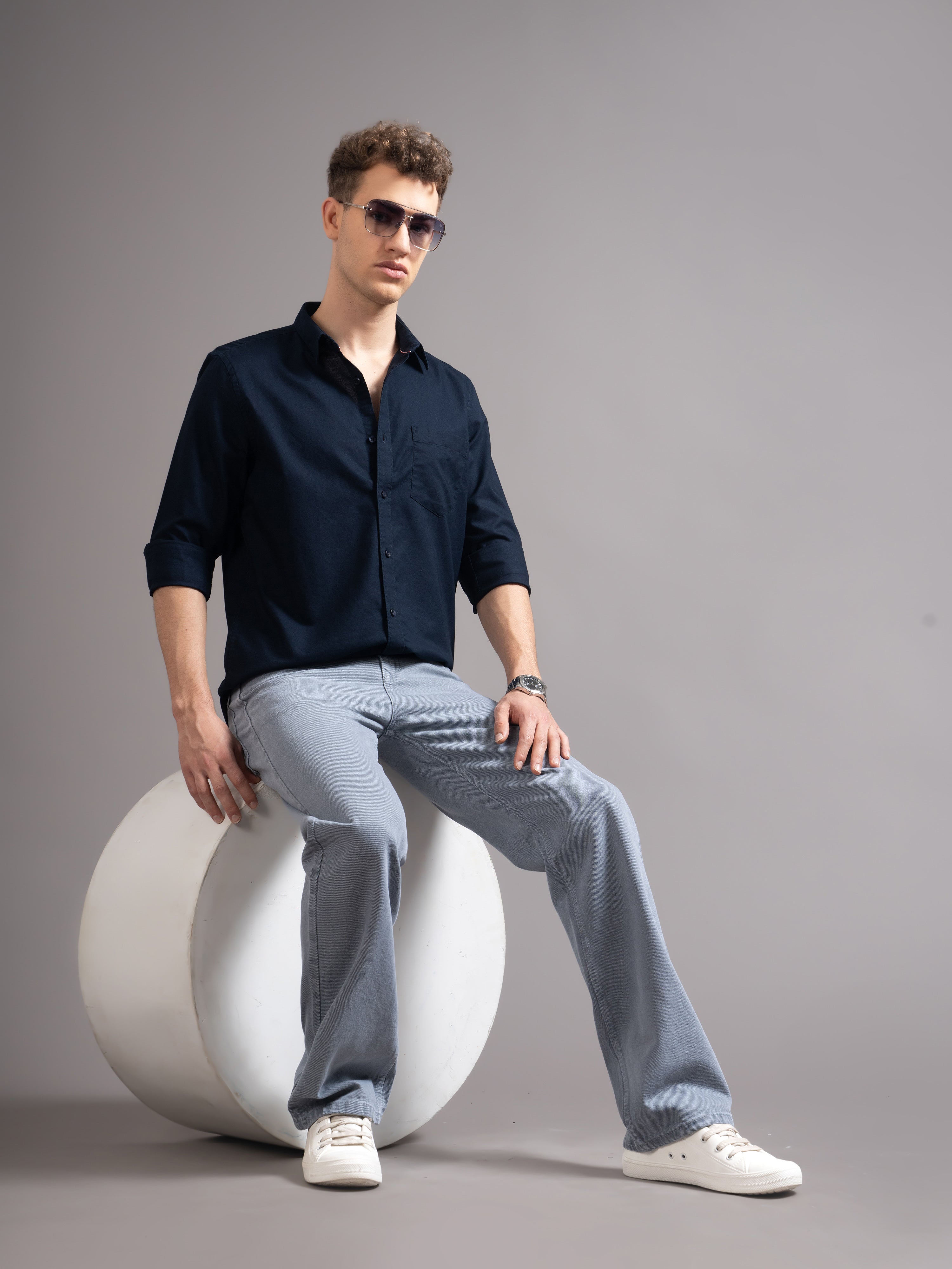 Men Navy Blue Casual Shirt