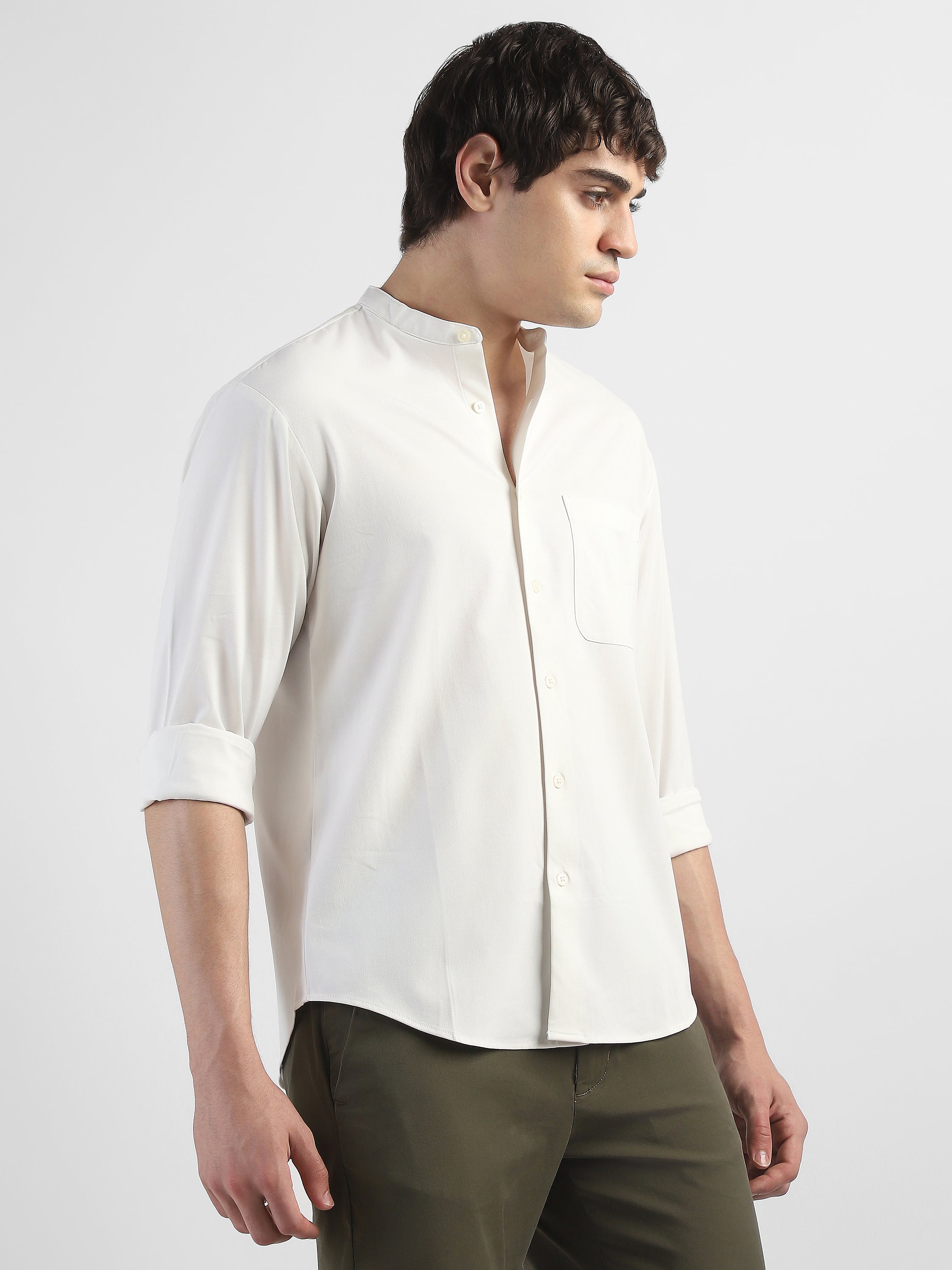 Men White Mandarin Collar Regular Fit Shirt