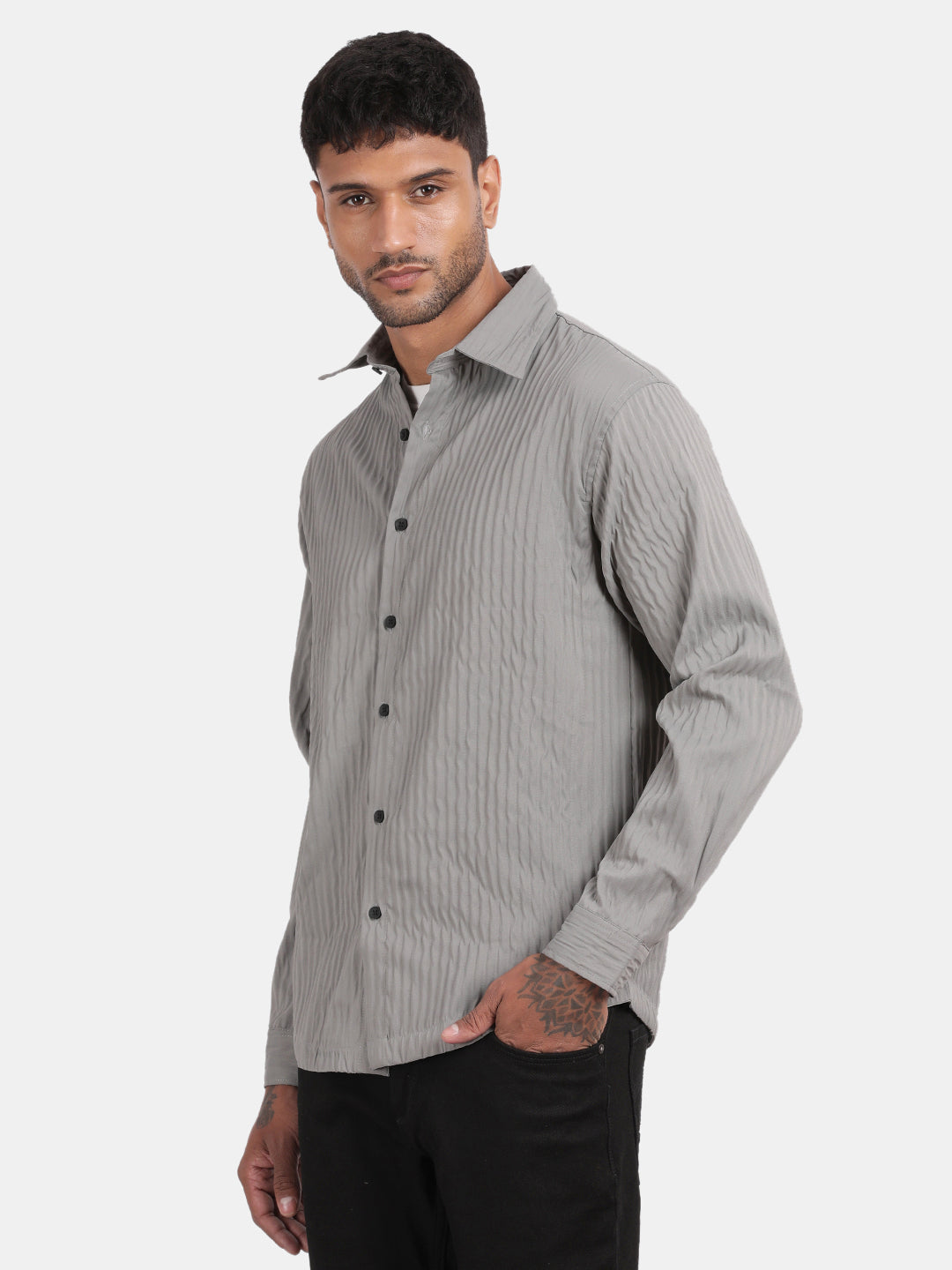 Men Grey Slim Fit Spread Collar Full Sleeve Casual Shirt