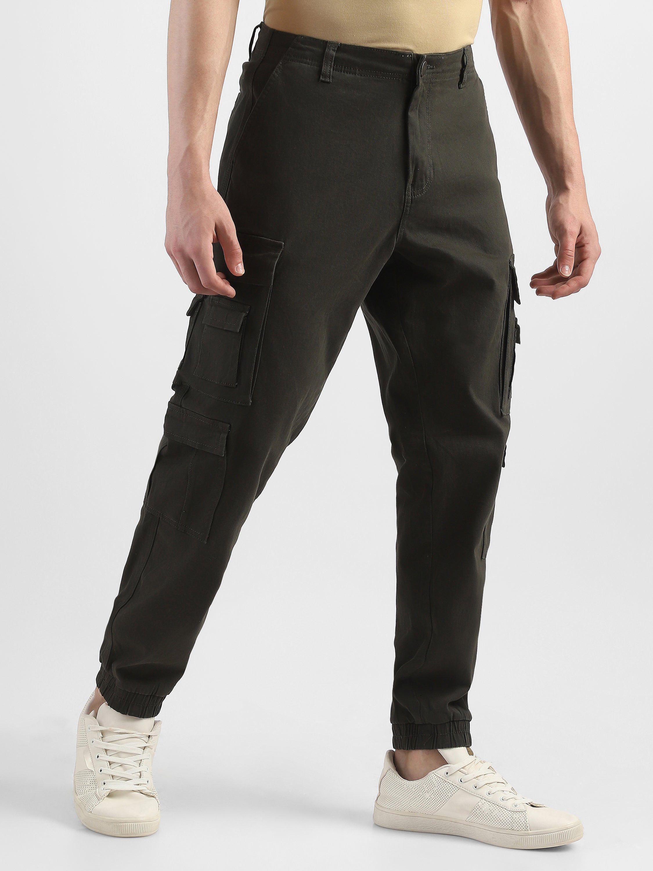 Men Olive Cotton Blend Cargo Pants with 12 pockets