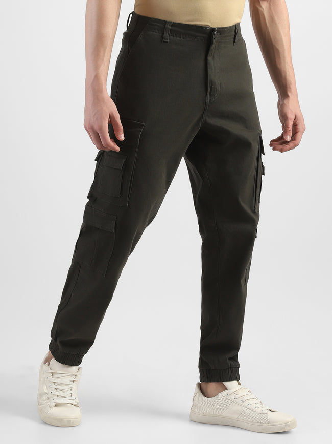 Men Olive Cotton Blend Cargo Pants with 12 pockets
